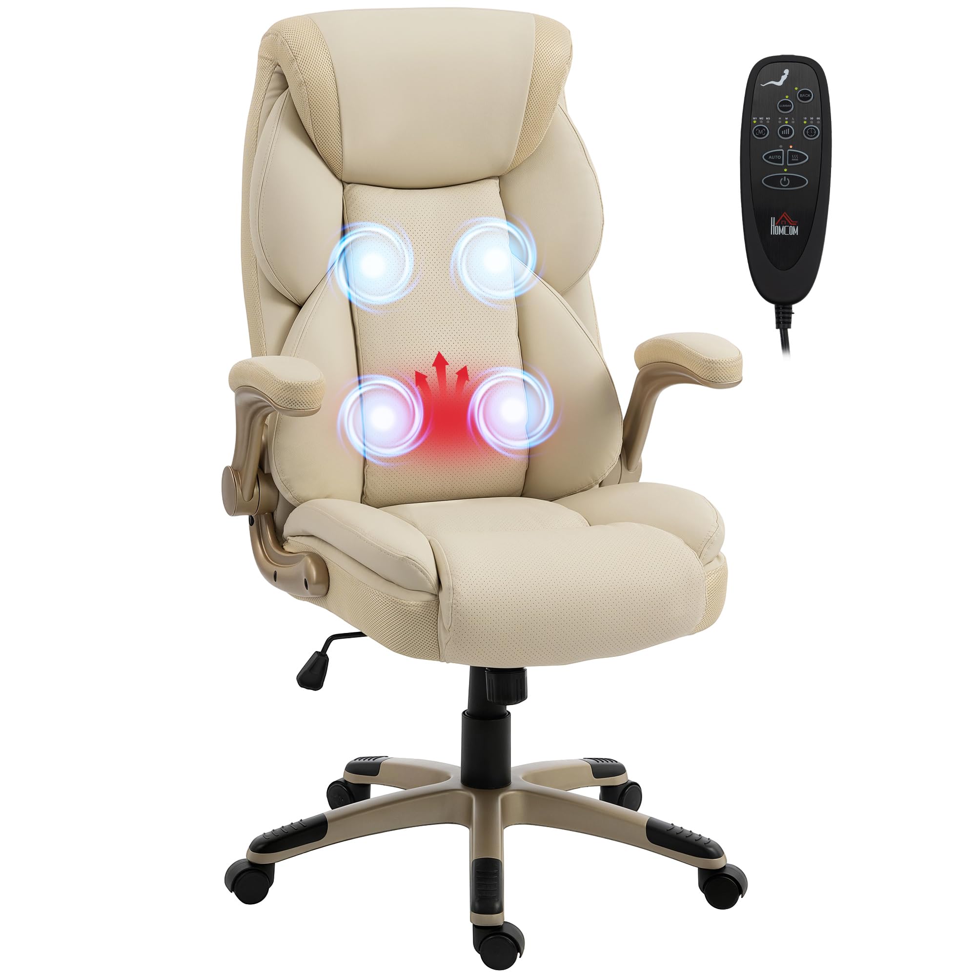 HOMCOM Silla de Oficina con Masaje Vibratorio de 4 Puntos Giratoria Crema | Silla de Escritorio, Calor Lumbar, de PU, Brazos Abatibles, Respaldo Alto, Altura Ajustable, Función de Basculante