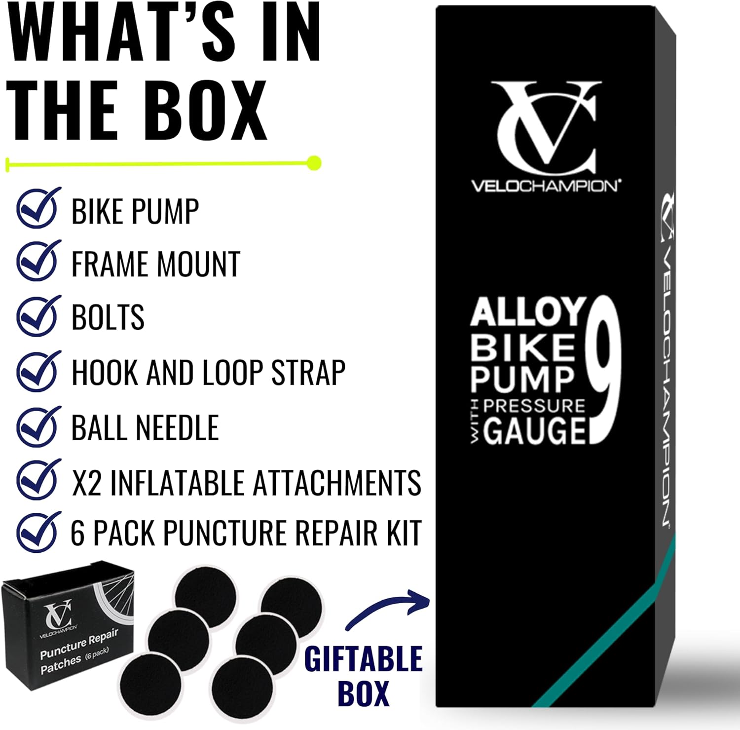 VeloChampion Mini Bike Pump with Frame Mount | Portable Compact Alloy Bicycle Pump with Frame Mount | Presta, Schrader & Dunlop Valves | for Road, Mountain, E-Bike