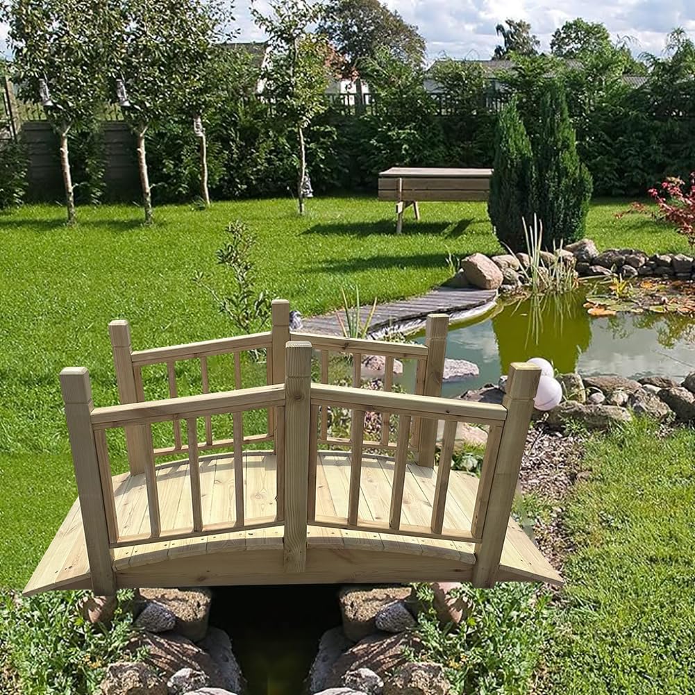 Small Solid Wood Garden Bridge, Wooden Footbridge with Side Railings, Wooden Bridge Decorative Landscape Footbridge, Courtyard Riverbed Bridge, 4.2 Feet
