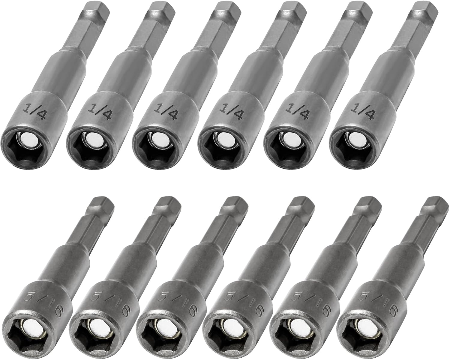 1/4 and 5/16 Inch Magnetic Nut Driver Bit Set, 12 Pcs Chrome Vanadium Steel Impact Drill Bits, Quick Change Socket Nut Driver Adapter with Hex Shank, 65mm Length