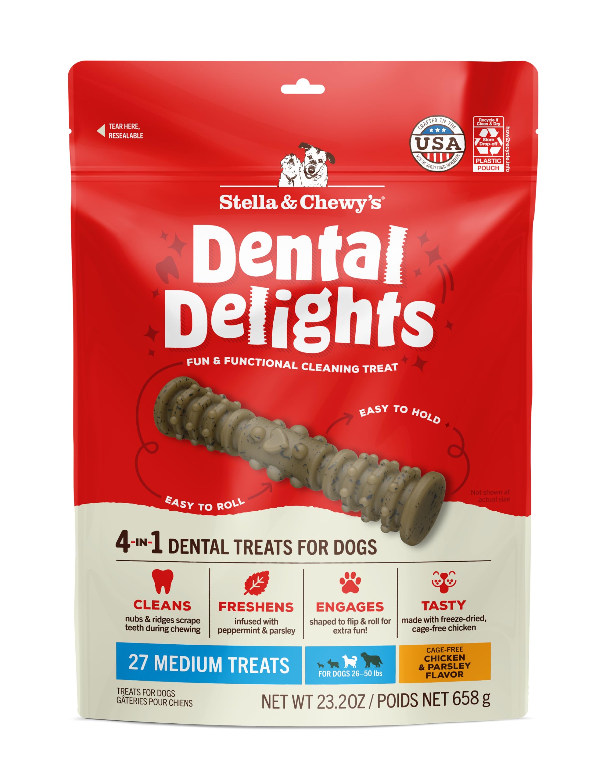 Stella Chewys Dental Delights with Freeze-Dried Chicken - Medium Dental Treats for Dogs 23 2 Ounce Bag