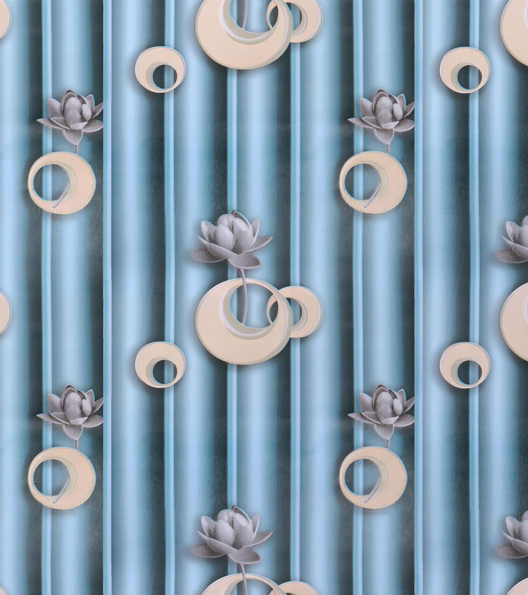 LZH-LP 3D Effect Self-Adhesive Wallpaper, 45x300CM Blue Striped Floral Circles Peel Stick Vinyl, Gray Flowers Beige Circles Removable Wallpaper Film Roll for Wall Cabinet Décor