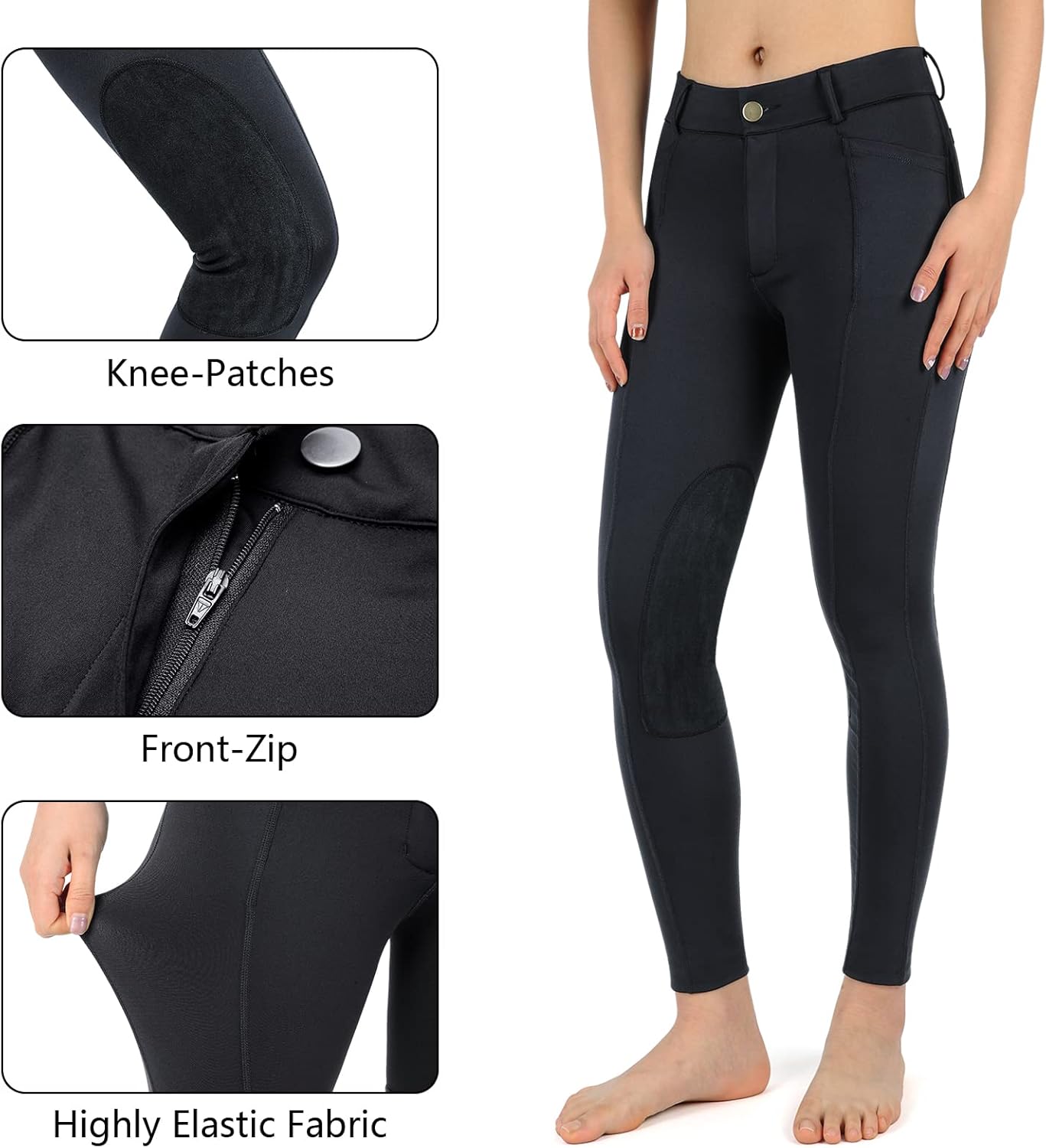 beroy Kids Horse Riding Knee-Patches Pants Girls Equestrian Front-Zip Breeches Legging with Pockets - Image 5
