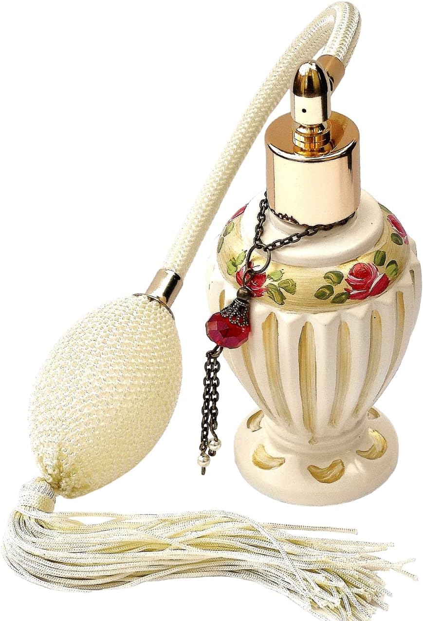Elegant Romantic Hand Painted Cream Red Roses Victorian Refillable Glass Spray Perfume Bottle with Misting Atomizer Bulb and Tassel Shabby Chic Decor