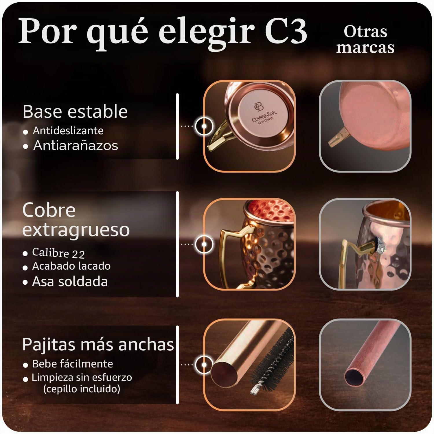 Moscow Mule tazas 100% sólido cobre, martillado, Set de regalo de 2, 16oz, no níquel auténtico mango, Bonus: 2 pajitas + 1 shot cristal + agitador & 2 Libros Electrónicos por copper-bar