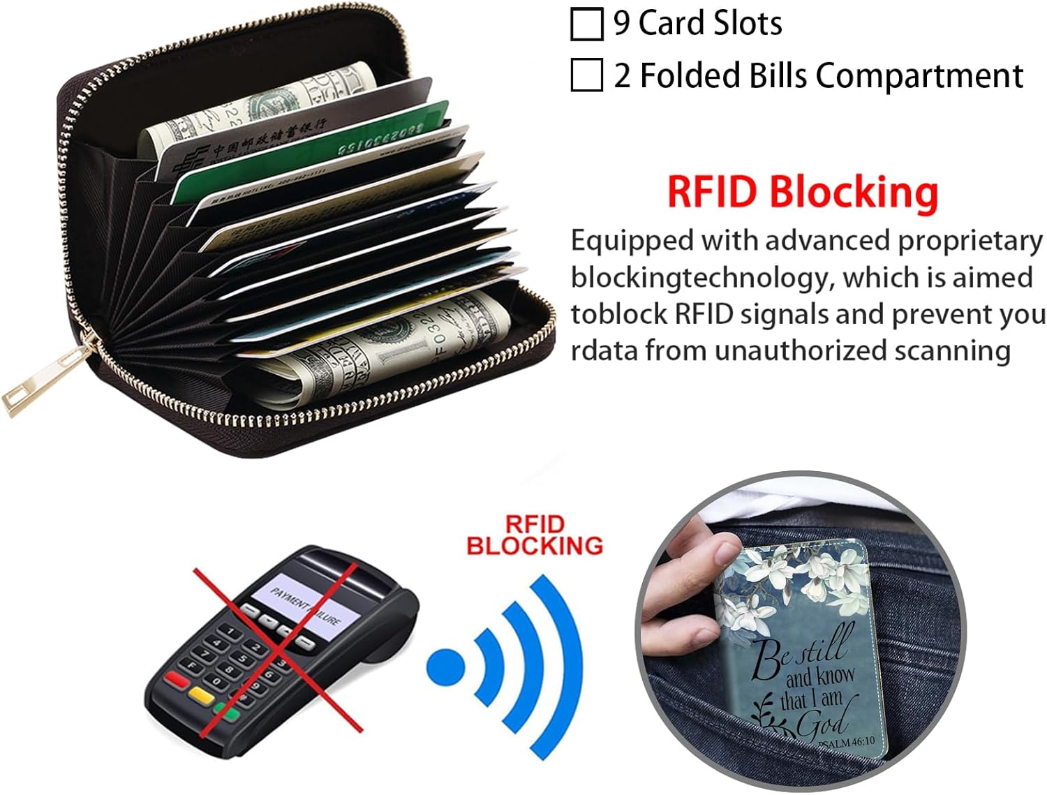 Credit Card Holder Wallets for Women, RFID Blocking Small Leather Card Case Wallet with Zipper Accordion Wallets, Floral Quote Bible Verse Psalm 46:10 - Image 4