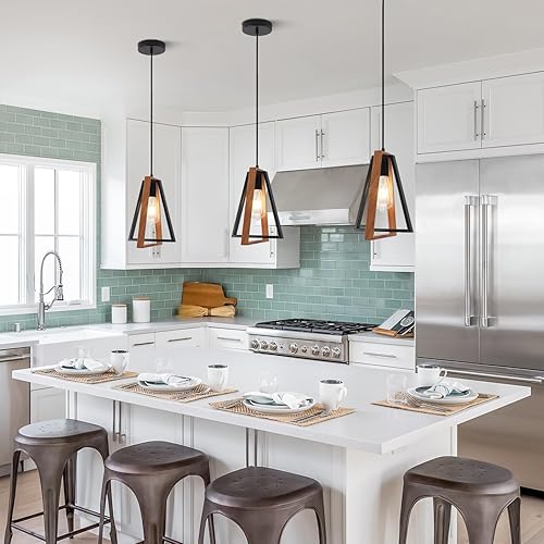 Miniatura 6 de Lámpara colgante moderna de madera y negro, lámpara de techo colgante industrial, lámpara de techo colgante de granja de cocina, iluminación de isla