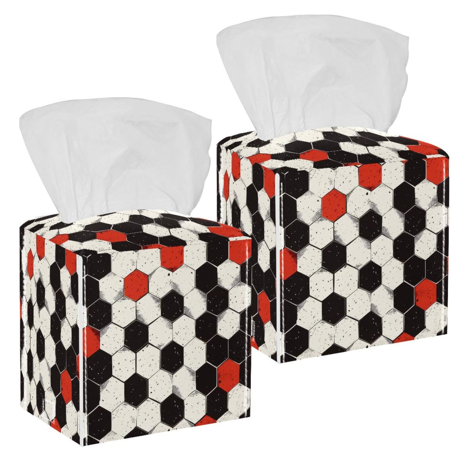 Soccer Tissue Box Cover, 2 Pack PU Leather Square Facial Tissue Dispenser Box holder for Home Office Car