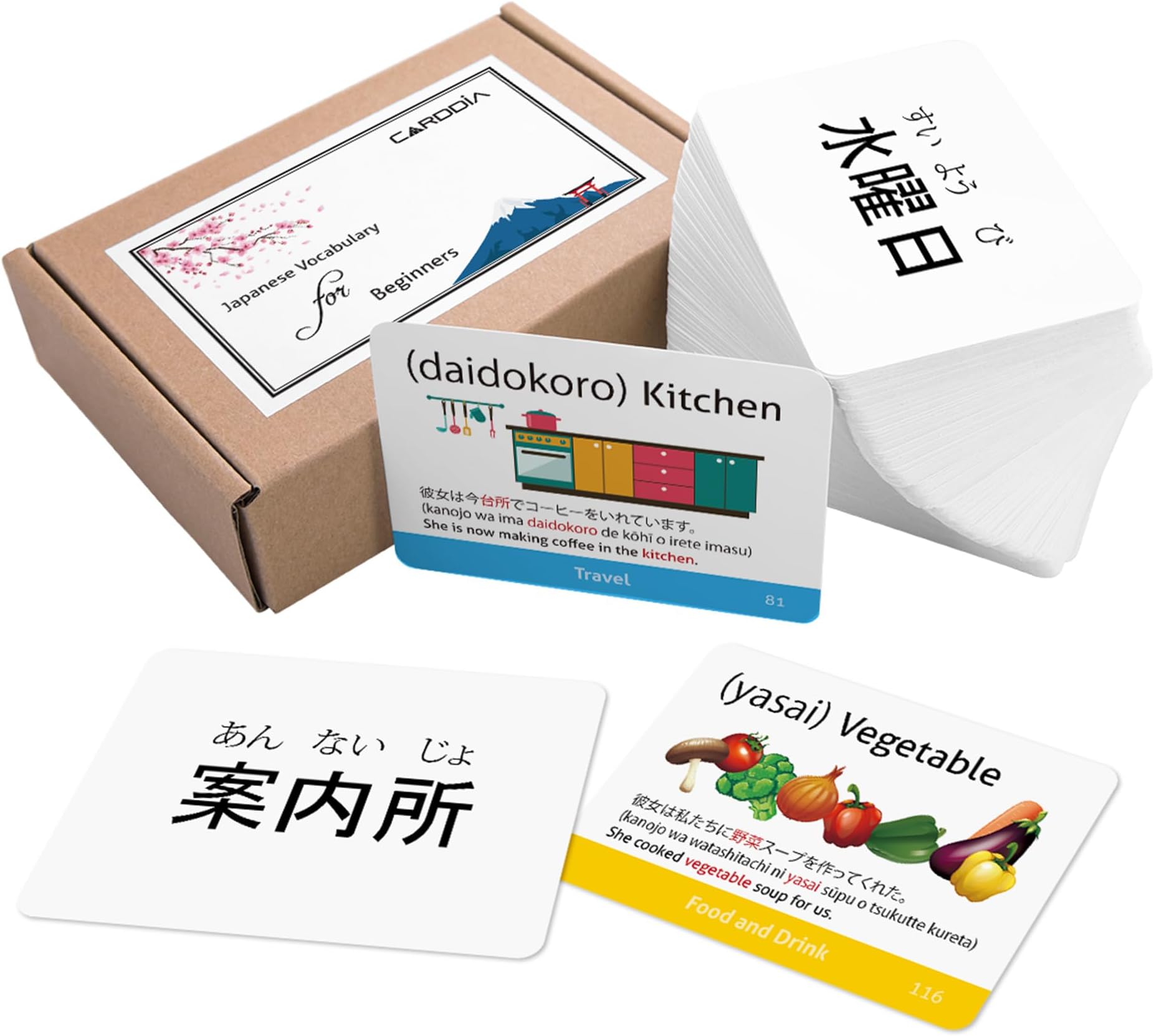 - Japanese Vocabulary Flash Cards for Beginners (with Illustrations and Example Sentences), Standard Playing Card Size, Sturdy, Water Resistant