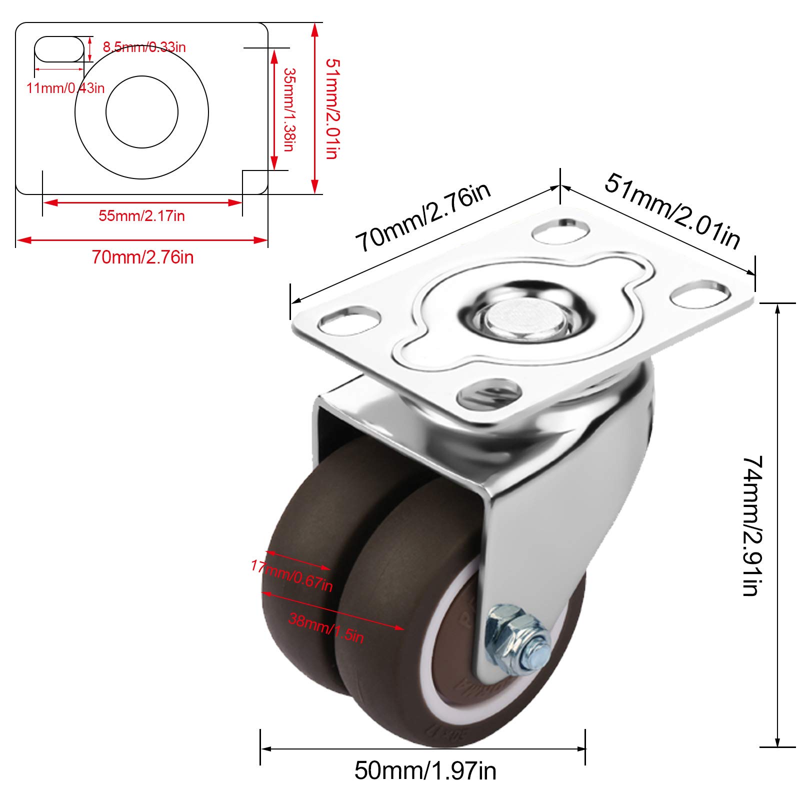 4 Meubelwieltjes 25 / 32Mm Rubberen Zwenkwielen Wiel, Kleine Mini Bokwielen, Voor Meubeltafelwagen (Maat: 2 Inch