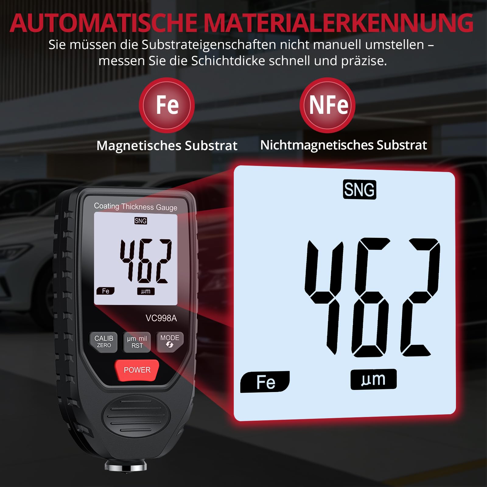 BINTA Lackmessgerät Auto, Schichtdickenmessgerät Autolack Lackdickenmessgerät für Auto Car Karosserie 0-1500μm LCD Display für Eisen Aluminium