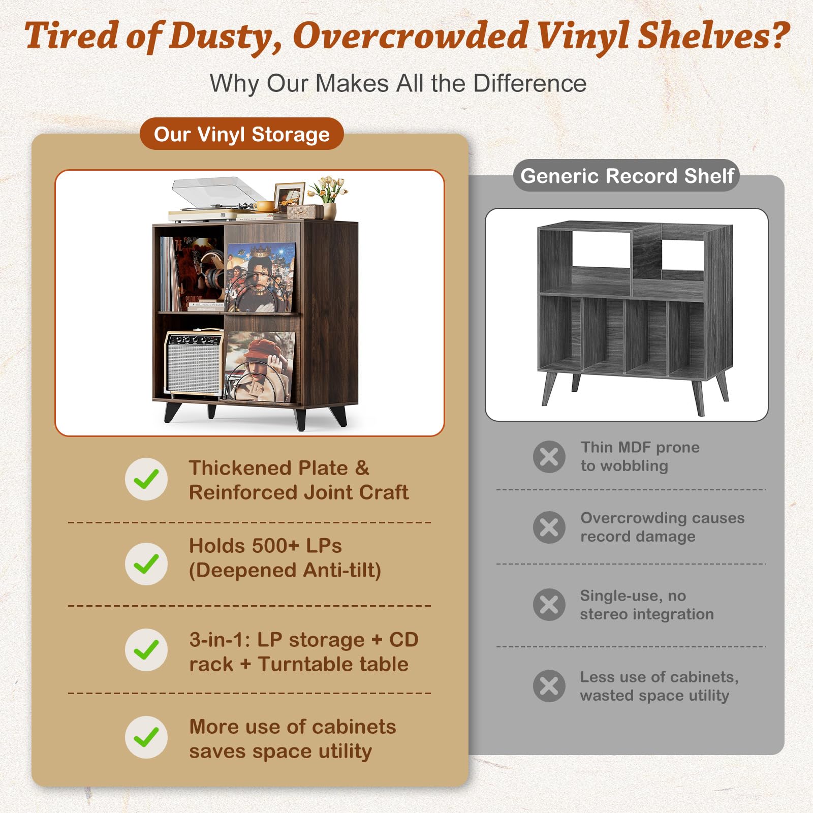 Bikoney Mobile Vinili - Mobiletto per Giradischi con Espositore Album | Supporto per giradischi e casse con 1 cassetto. Mobile TV retrò e credenza per dischi in legno.