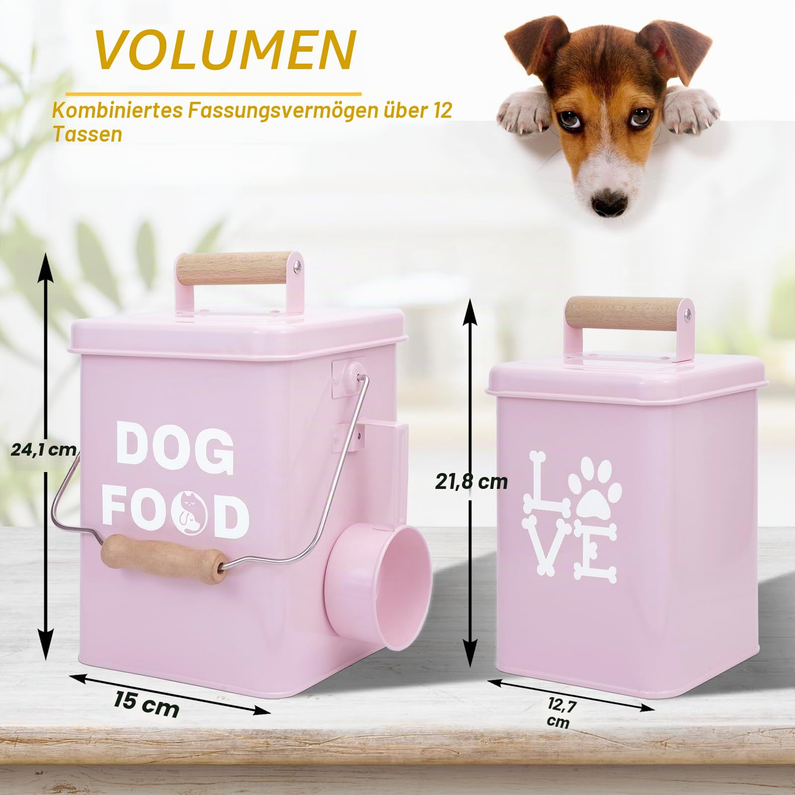 Set Von 2 Metall-Hundefutterbehältern-24,5x14,5cm&21,8x12cm, Rosa Großer Niedliches Leckerli-Glas Mit Deckel, Inklusive Löffel und Hundespielzeug, Futterbehälter Für Haustiere Für Küchenarbeitsplatte