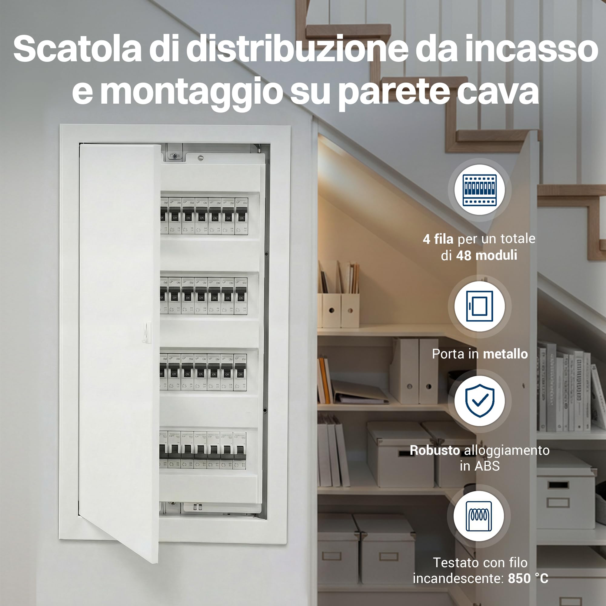 Intratec Quadro Elettrico da Incasso 4 File – Centralino di Distribuzione IP40 per 48 Moduli con Porta Metallica Bianca e Guida DIN per Impianti Elettrici Interni – 346 x 717 x 92mm