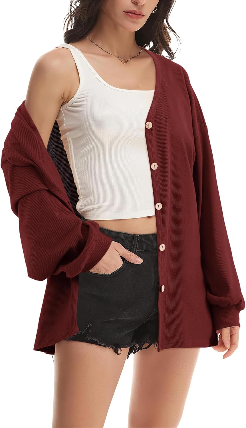 Beluring Women's Shirts V Neck Long Sleeve Waffle Knit Button Up Tunic Tops Blouse - Image 3