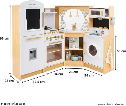 Mamabrum Corner Play Kitchen with Washing Machine, Lights and Sounds - Wooden Toy Kitchen Playset for Kids Age 3+ Accessory Utensils and Running Water Circulation - 50-Piece Fruit & Veg Set