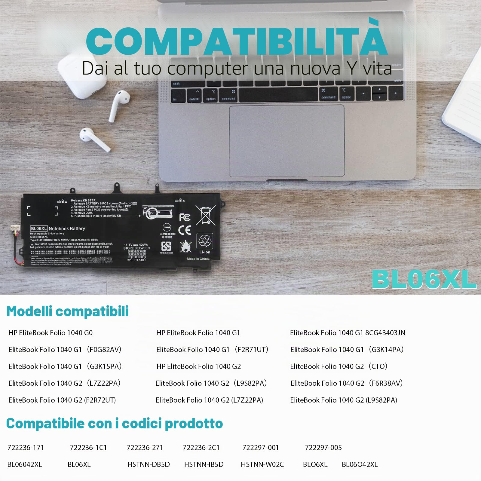 ASUNCELL 11.1V/42Wh BLO6XL Batteria del computer portatile per HP EliteBook Folio 1040 G0 1040 G1 1040 G2 Series 722236-1C1 722236-271 722297-001 722297-005 BL06042XL BL06XL HSTNN-DB5D