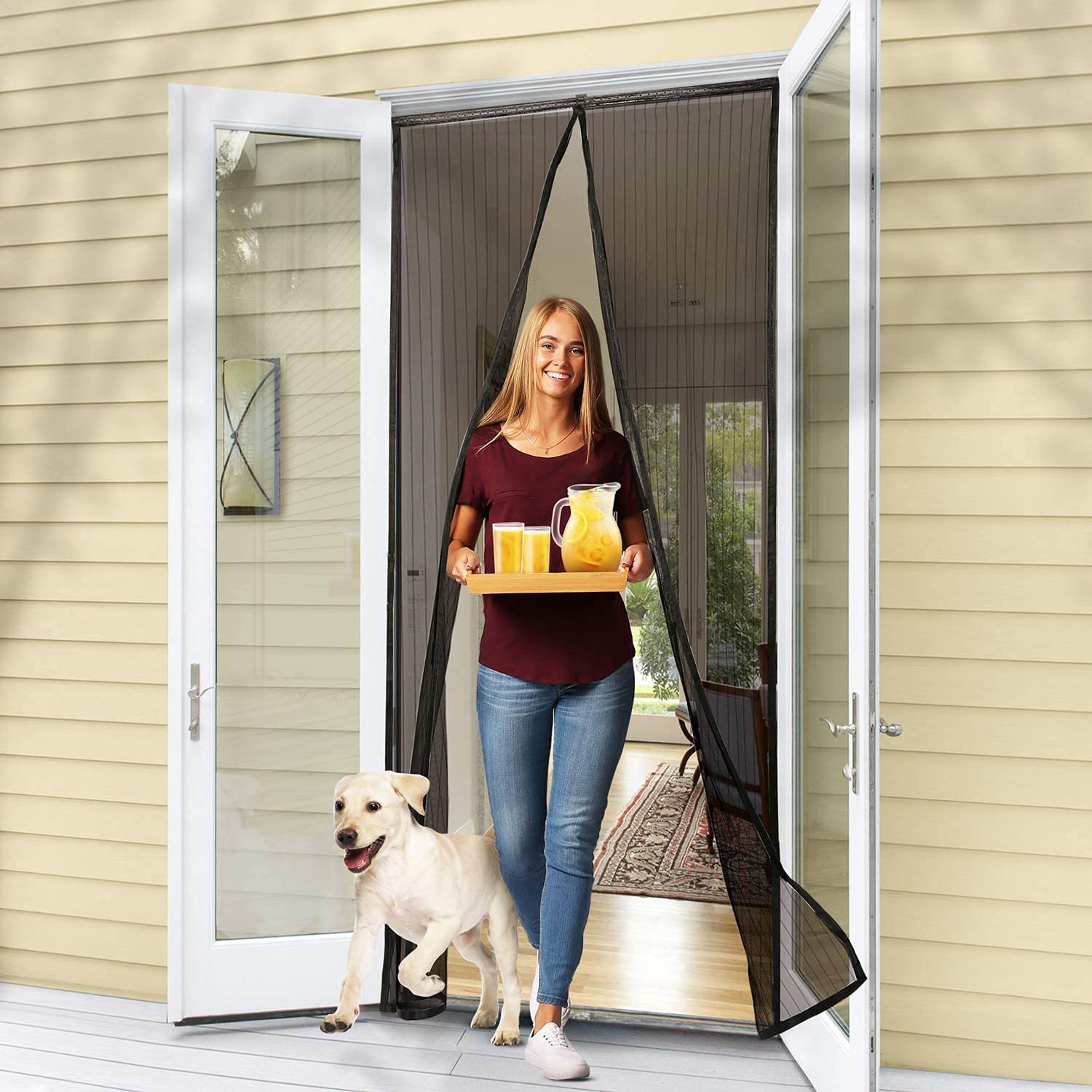 LIENJAER Magnetic Screen Door - Keep Bugs Out, Let Cool Breeze In - Self Sealing Magnets, Heavy Duty Retractable Mesh Net Closure - Curtain Works With Pets, Sliding Door, Front Doors - 38 x 82 Inch