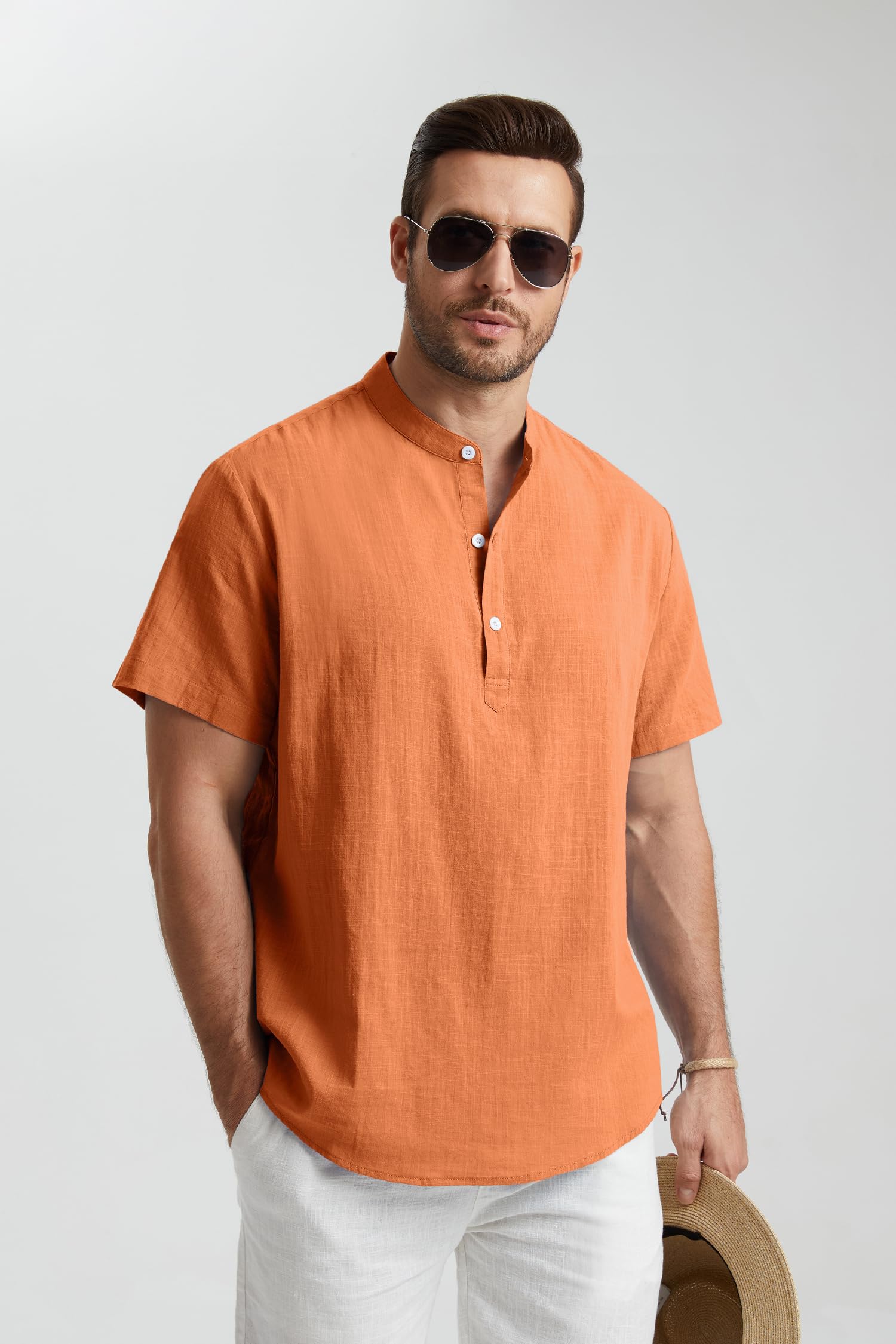 Enlision Chemise Lin Homme Manches Courtes Col Mao Chemise Été Hommes Leger en Coton Lin Chemise de Plage Classique Casual Henley Shirt S-4XL
