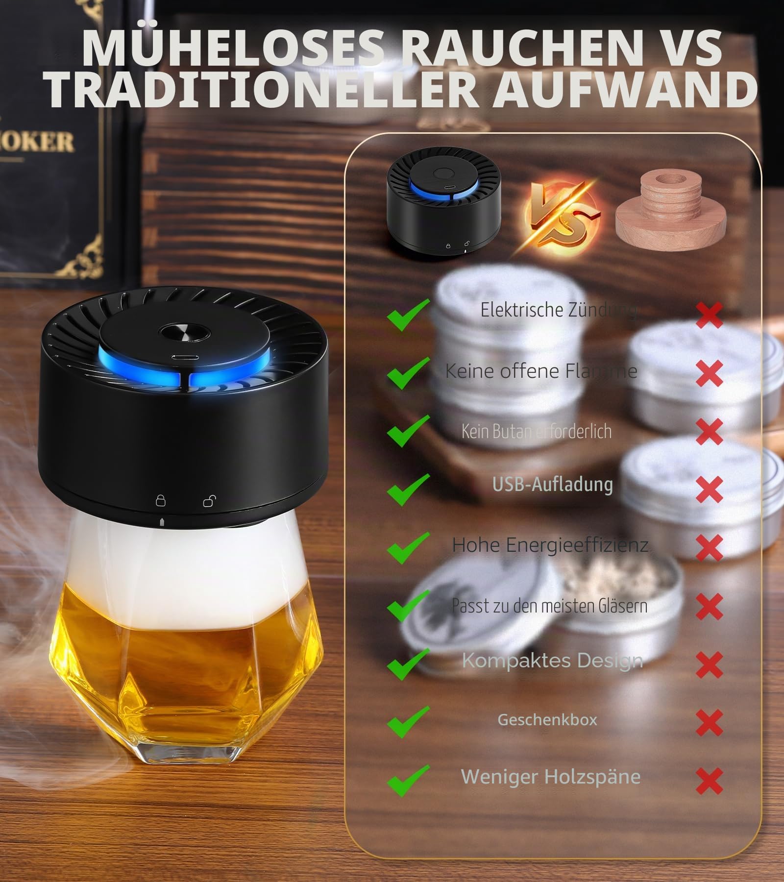 Elektrisches Whisky-Räucherset mit LED-Licht, 6 Holzspäne-Aromen, kein Butan erforderlich, wiederaufladbarer Cocktail, altmodisches Räucher-Set, Bar-Set, Zubehör, Geschenke für Männer, Vater, Ehemann