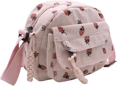 Miniatura 21 de Bolso cruzado de pana de fresa para mujeres y niñas, bonito bolso de mano con diseño de fresa, bolso de mensajero pequeño, bolso de hombro