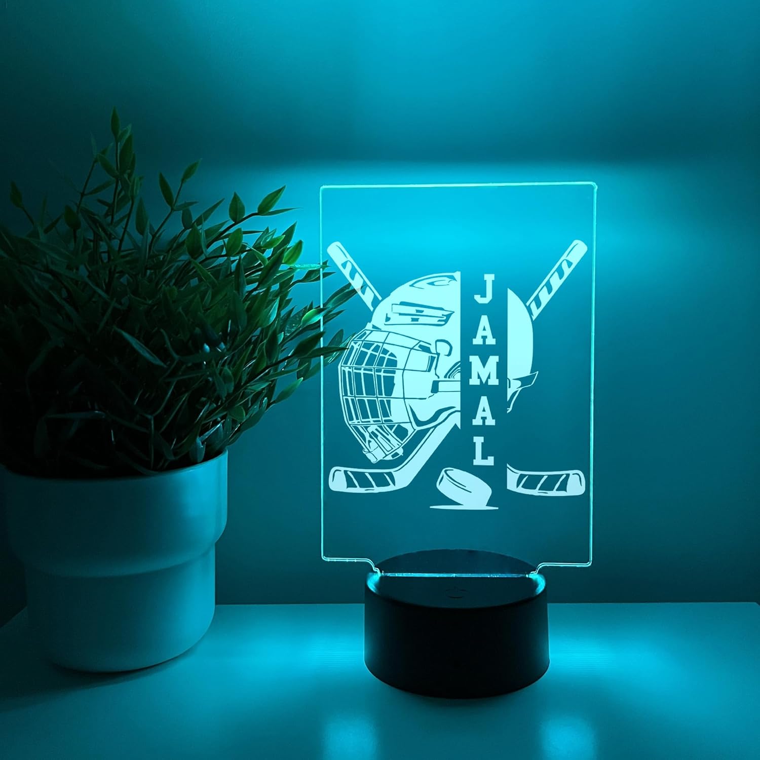Ice Hockey Field Hockey Sticks Helmet Player Fan Name Night Light Up Desk Table Lamp Kids Bedroom Decor LED Personalized Custom & Remote 16 Colors Birthday Christmas Gift Idea For Boys & Girls