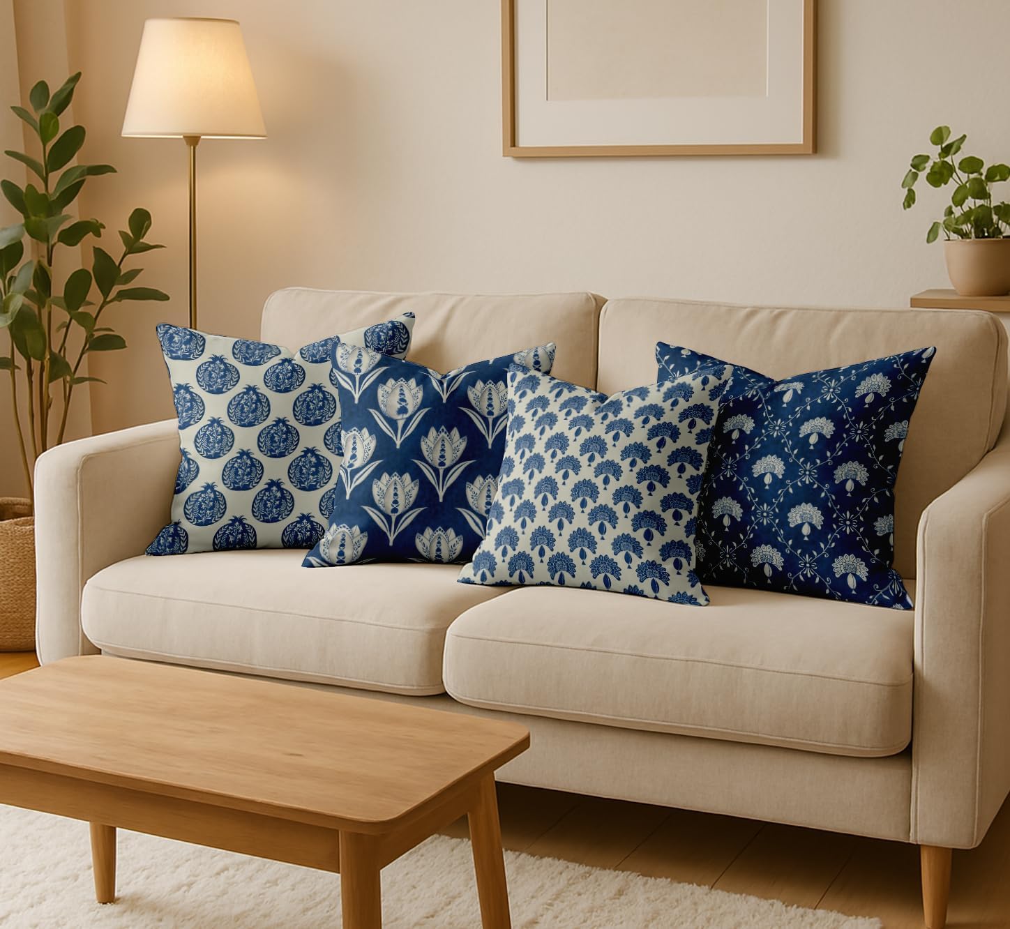 Set of 4 16x16 Inch Pillow Covers - 100% Cotton, Decorative Block Print, Double-Sided Print with Concealed Zipper - Filler Not Included - Blue