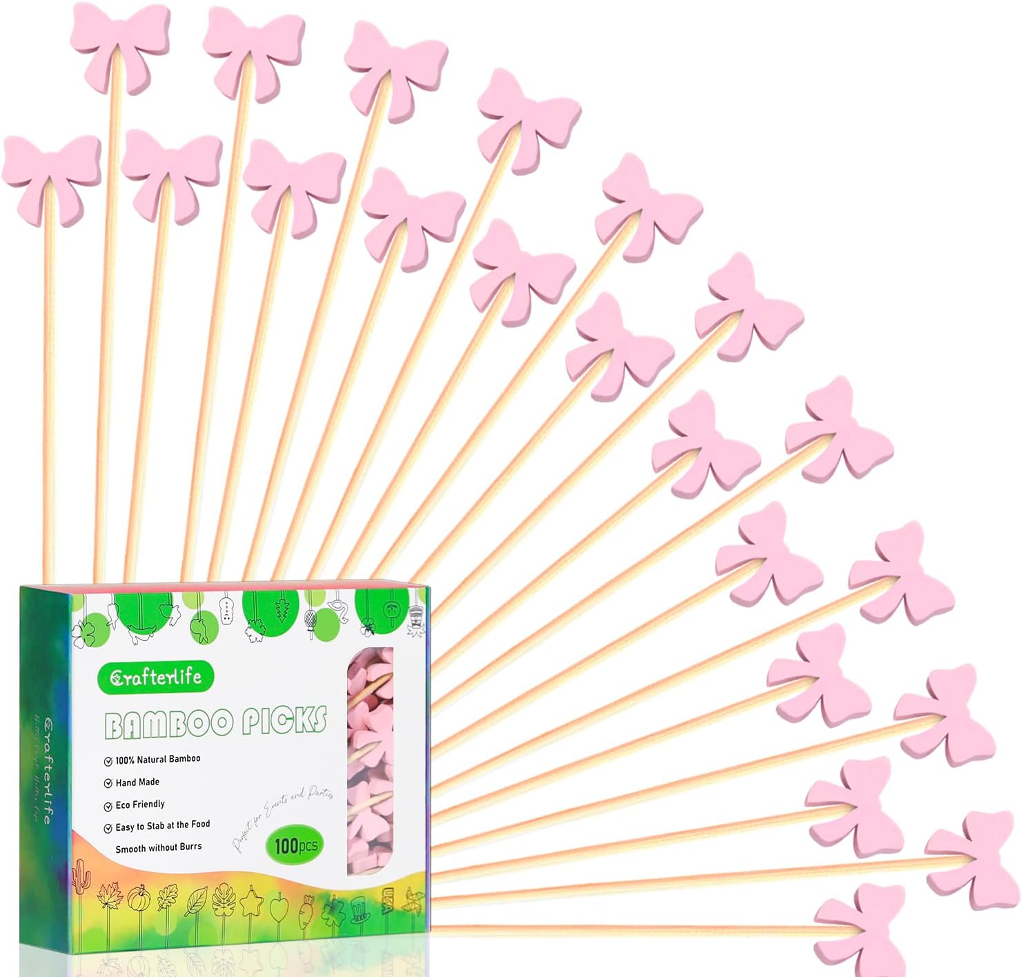 100Pcs Pink Bow Cocktail Picks Pink Bows Theme Decor Toothpicks Sticks Food Sandwich Skewers Appetizer Charcuterie Garnish for Valentines Galentines Day Coquette Birthday Themed Party Decorations