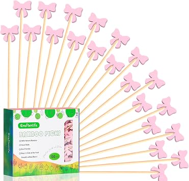100Pcs Pink Bow Cocktail Picks Pink Bows Theme Decor Toothpicks Sticks Food Sandwich Skewers Appetizer Charcuterie Garnish for Valentines Galentines Day Coquette Birthday Themed Party Decorations