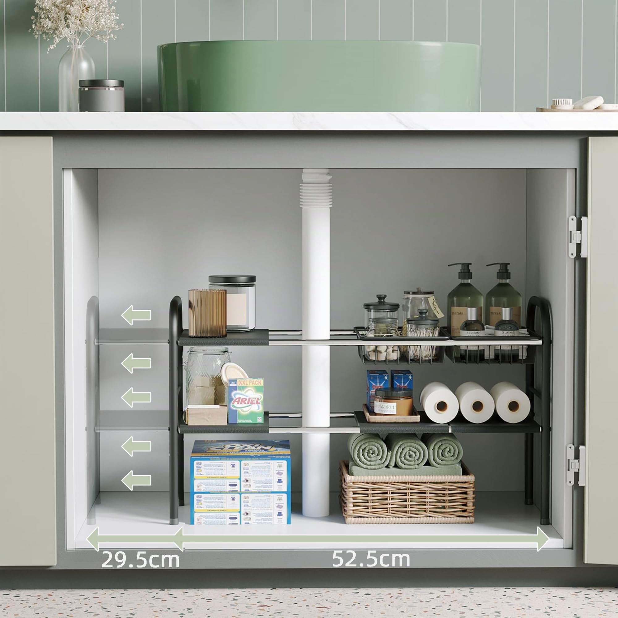 NETEL Organisateur de meuble d'évier, étagère de cuisine extensible avec 6 plaques mobiles et 2 paniers, largeur extensible (52,53-82 cm)