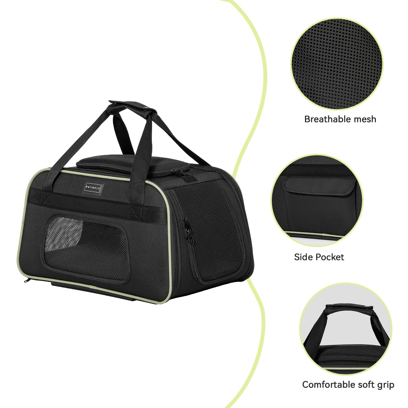 Petsfit Cat Carrier with Wheels Airline Approved, Pet Dog Carrier with Wheels for Small Dogs, Rolling Cat Carrier for Cats Puppy Stroller Detachable and Foldable Pet Travel Bag, Black&Green - image 6
