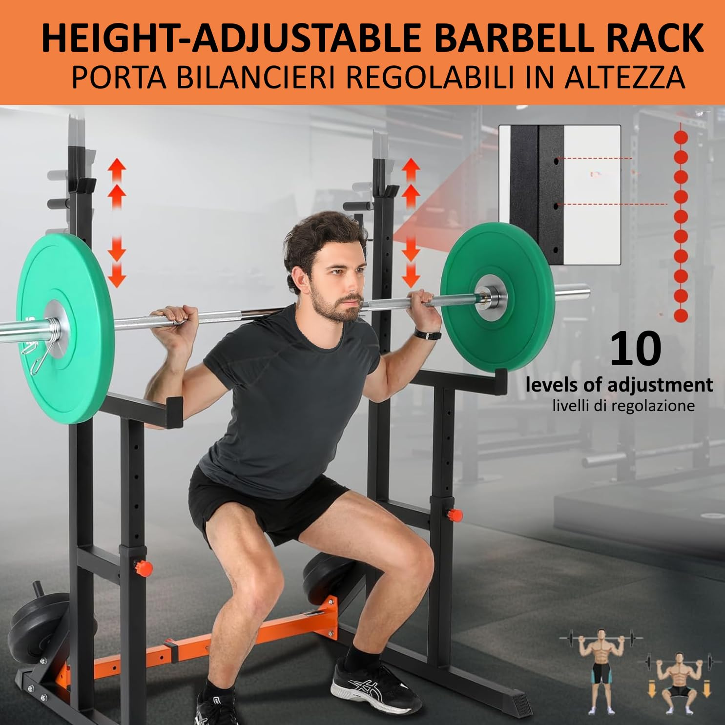 FFitness Squat Rack Regolabile Doppio Supporto per Bilanciere Multifunzione Rastrelliera Pesi in Acciaio Panca Stand con Portadischi