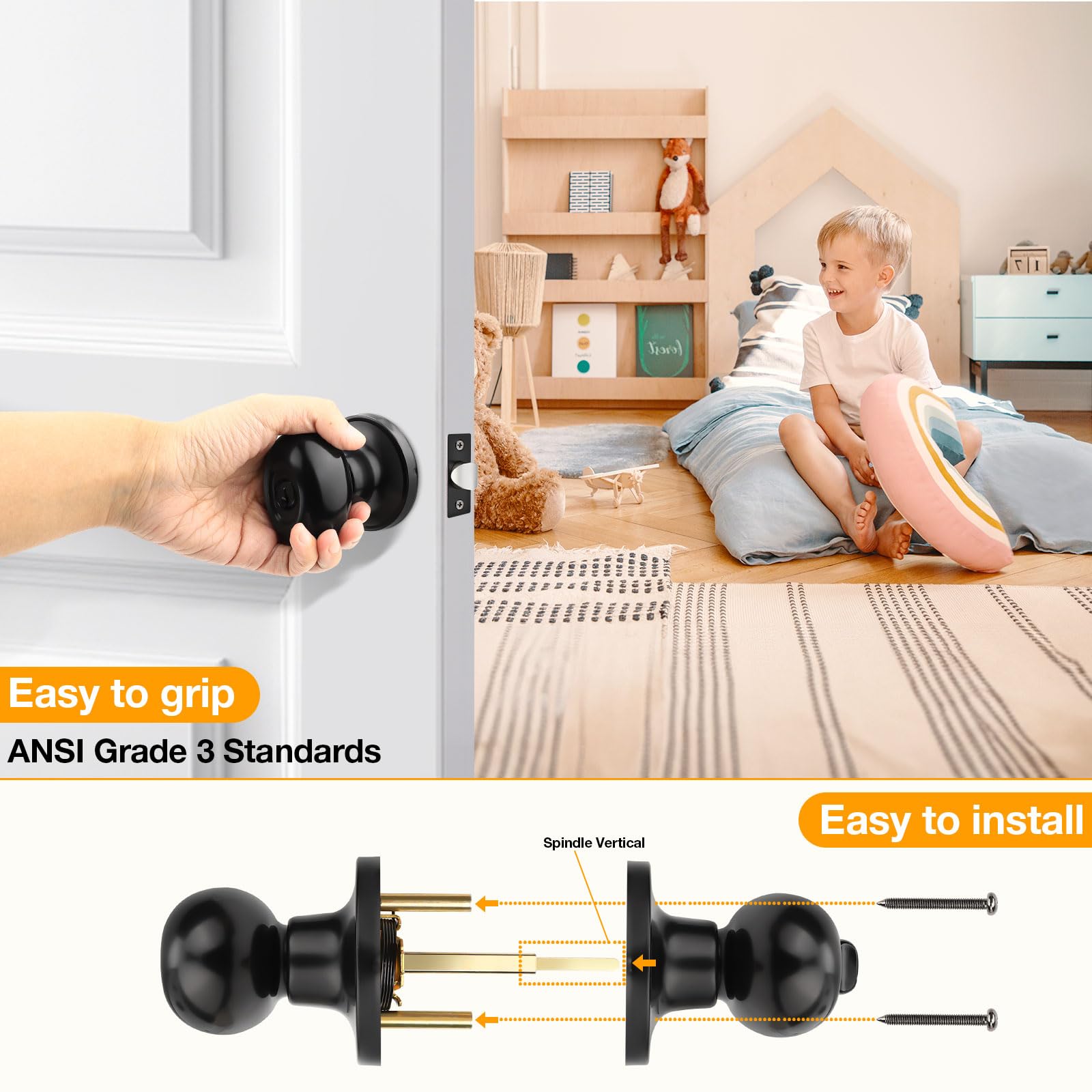 Gobrico Pomos De Puerta De Paso En Forma De Huevo, Manija De Puerta Interior Negro Mate, Cerradura De Puerta Sin Llave Con Mango Ovalado, Paquete De 1