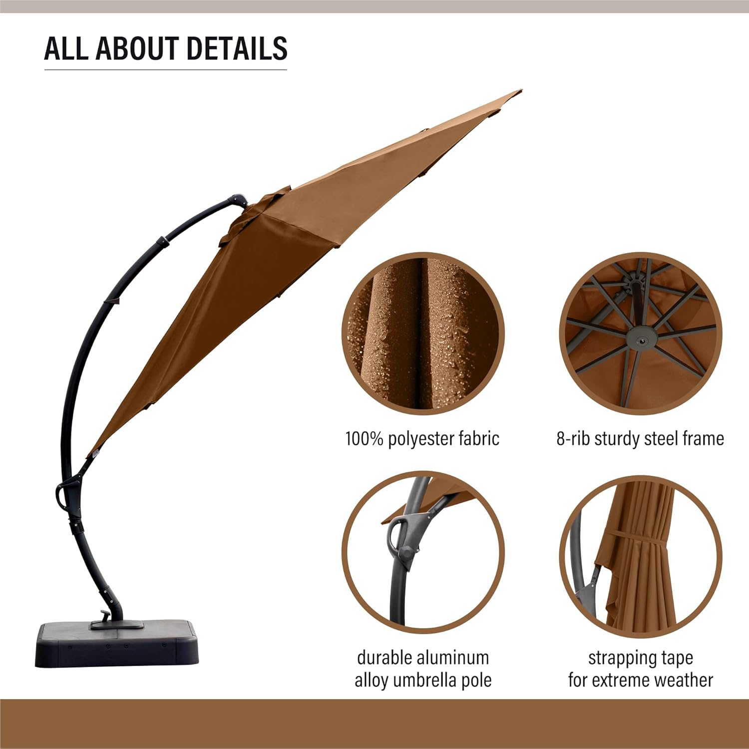 LAUSAINT HOME 11FT Cantilever Patio Umbrella with Base, 360° Rotation Offset Hanging Umbrella, Heavy Duty Curvy Outdoor Umbrella for Backyard, Poolside, Garden （Tan）