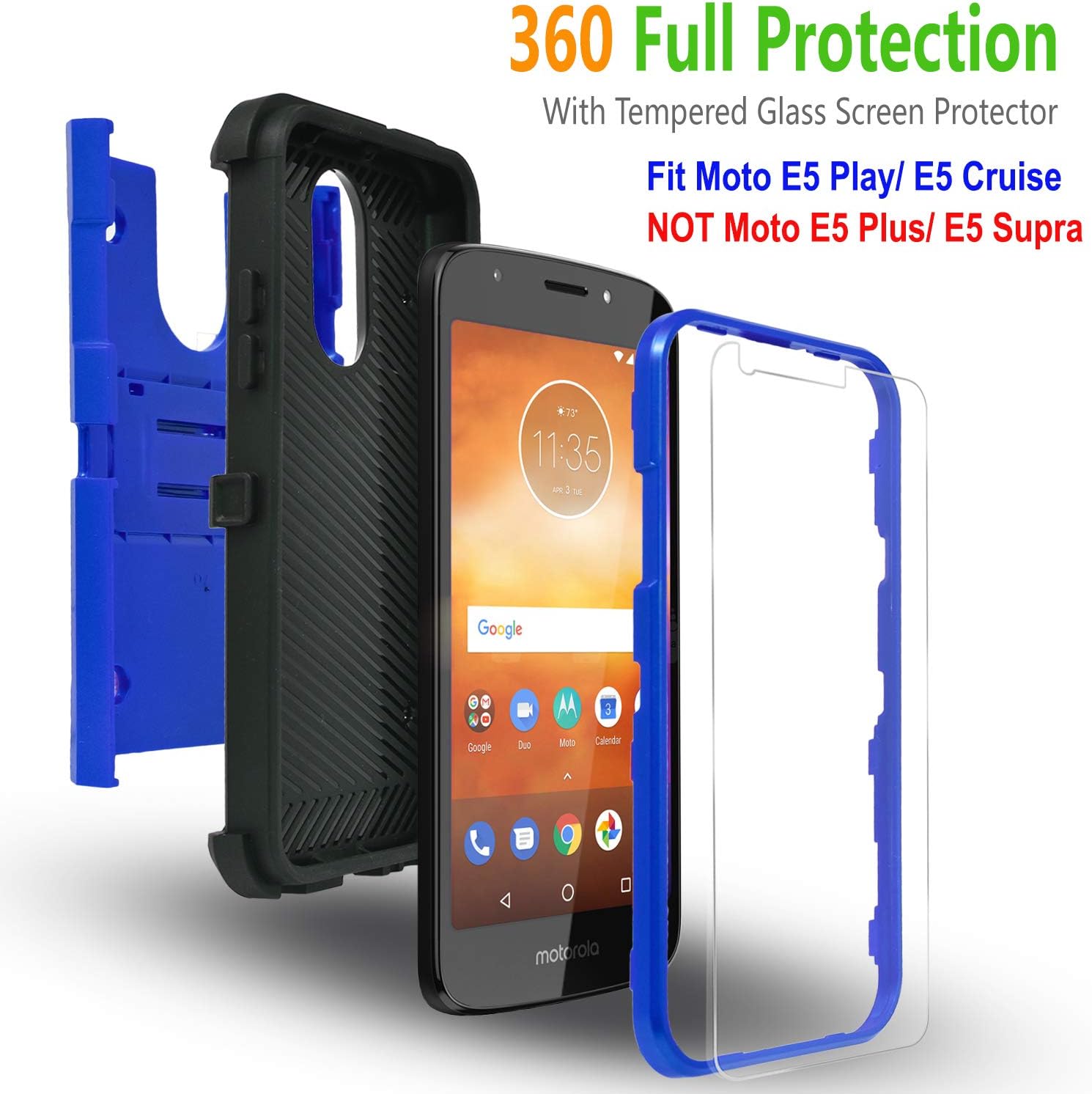 STARSHOP Compatible with Moto E5 Play Case, Moto E5 Go Case, with [Tempered Glass Screen Protector] Full Cover Heavy Duty Dual Layers Phone Cover with Kickstand and Locking Belt Clip-Blue