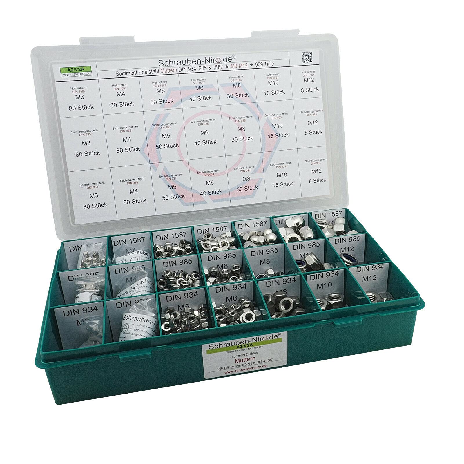 Set Muttern DIN934 Hutmuttern DIN 1587Sicherungsmuttern DIN985 Edelstahl A2