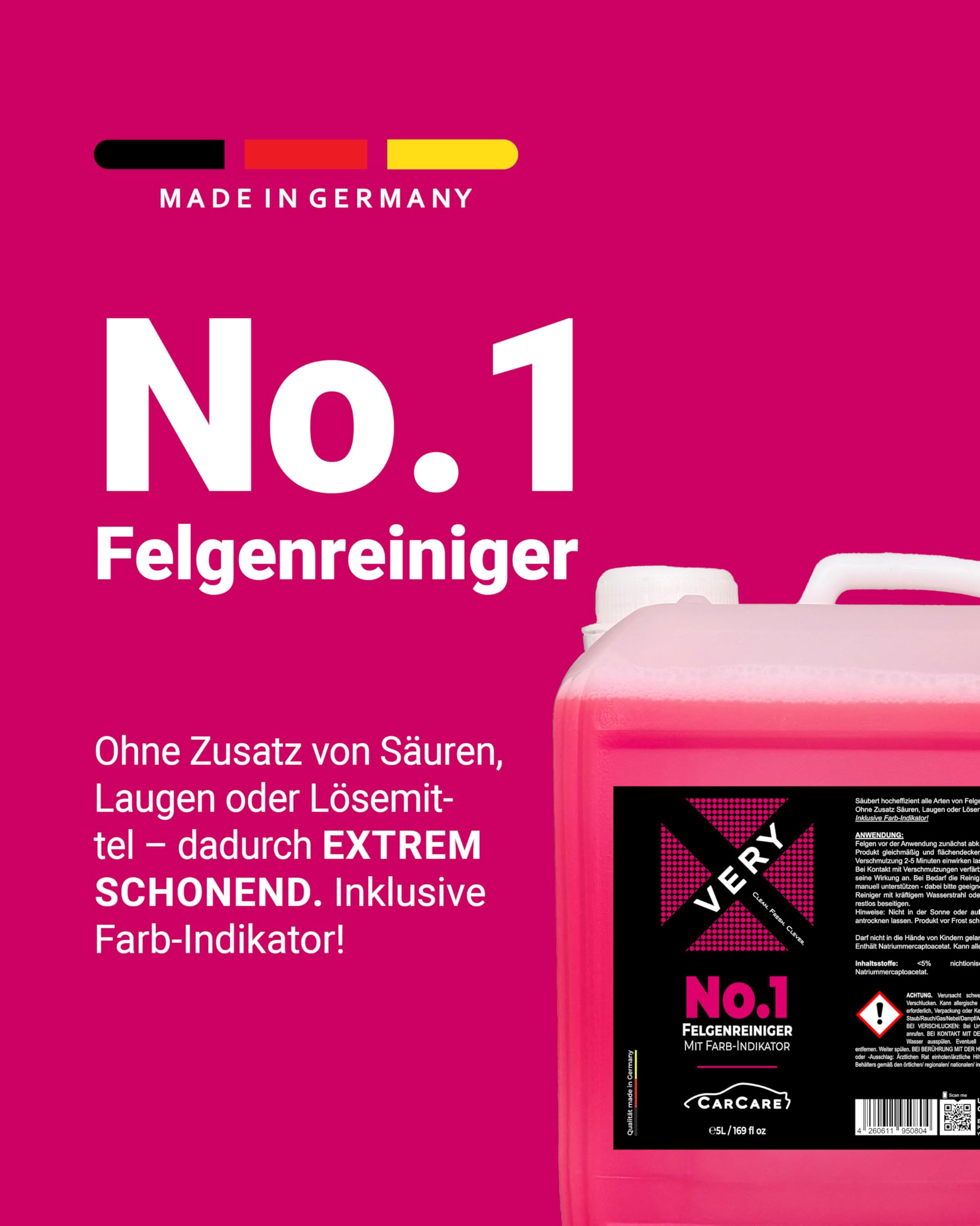 VERY No.1 Felgenreiniger 5L inkl. Farbindikator - Konzentrierter Felgenreiniger Alufelgen & Felgen aller Art, Alufelgen Reiniger ohne Zusatz von Säuren