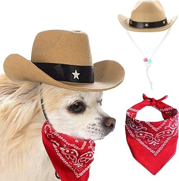Dog Cowboy Hat and Bandana Scarf Dog Cat Sombrero Puppy Hat Dog Cat Costume Cosplay Cap Puppy Pet Dog Cat Holiday Pet Party Decoration Khaki