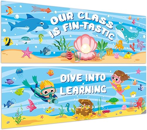 Yeaqee 2 carteles con temática oceánica de 1 x 3 pies, telón de fondo de fotografía para aula, decoración de tablón de anuncios de bienvenida, telón