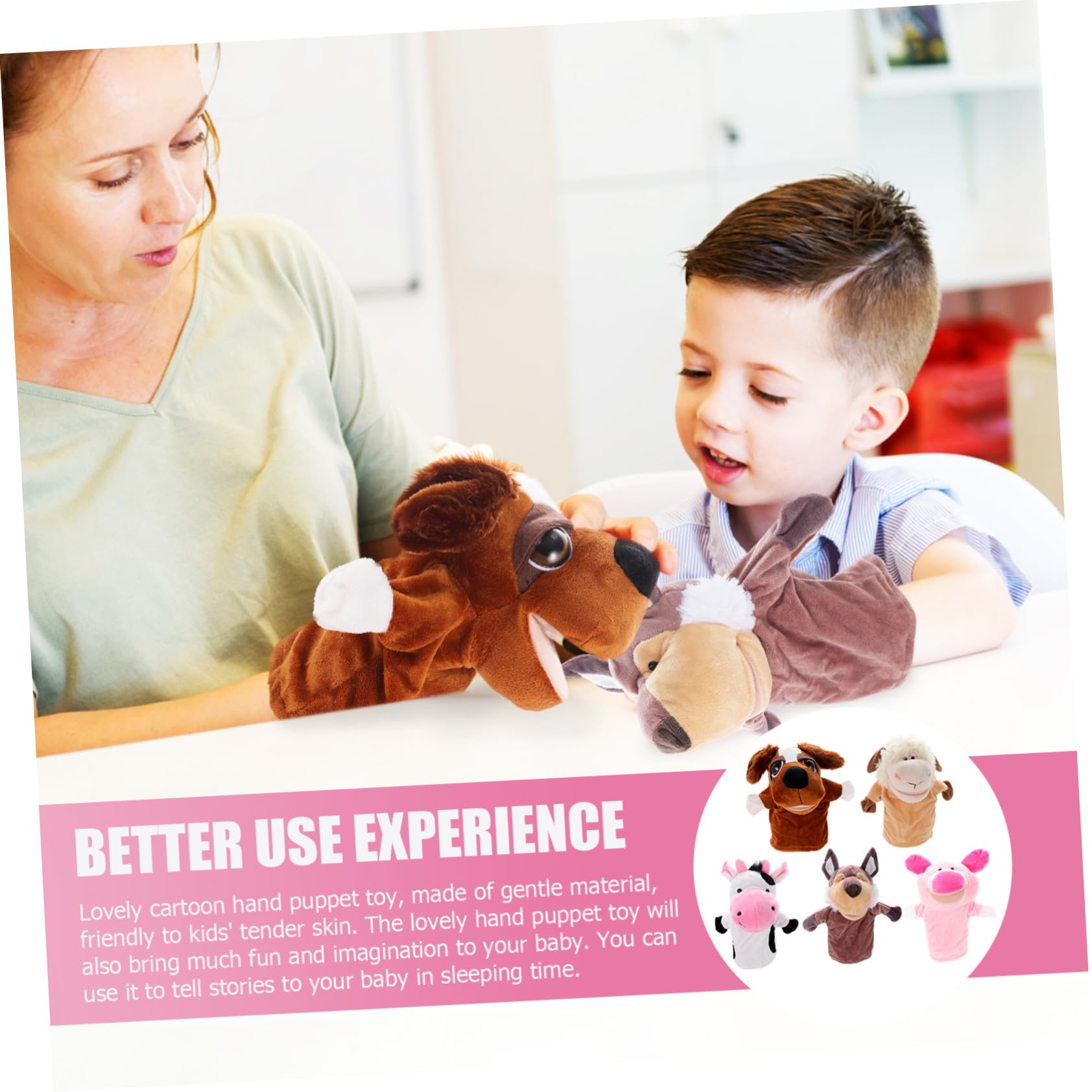 UPKOCH Marionetas De Mano Boca Móvil para Niños – Set De 5 Piezas (Cerdo Rosa, Vaca, Oveja, Gris, Perro Ojazos) – Juguetes Interactivos para Contar Historias Casa y Escuela