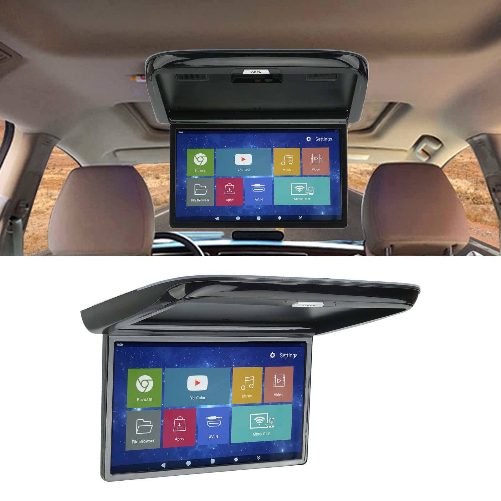 Monitor Pieghevole Da Tetto Per Auto 17.3 Pollici 1080P – Android 8.1, WiFi, Bluetooth, HDMI, USB E SD