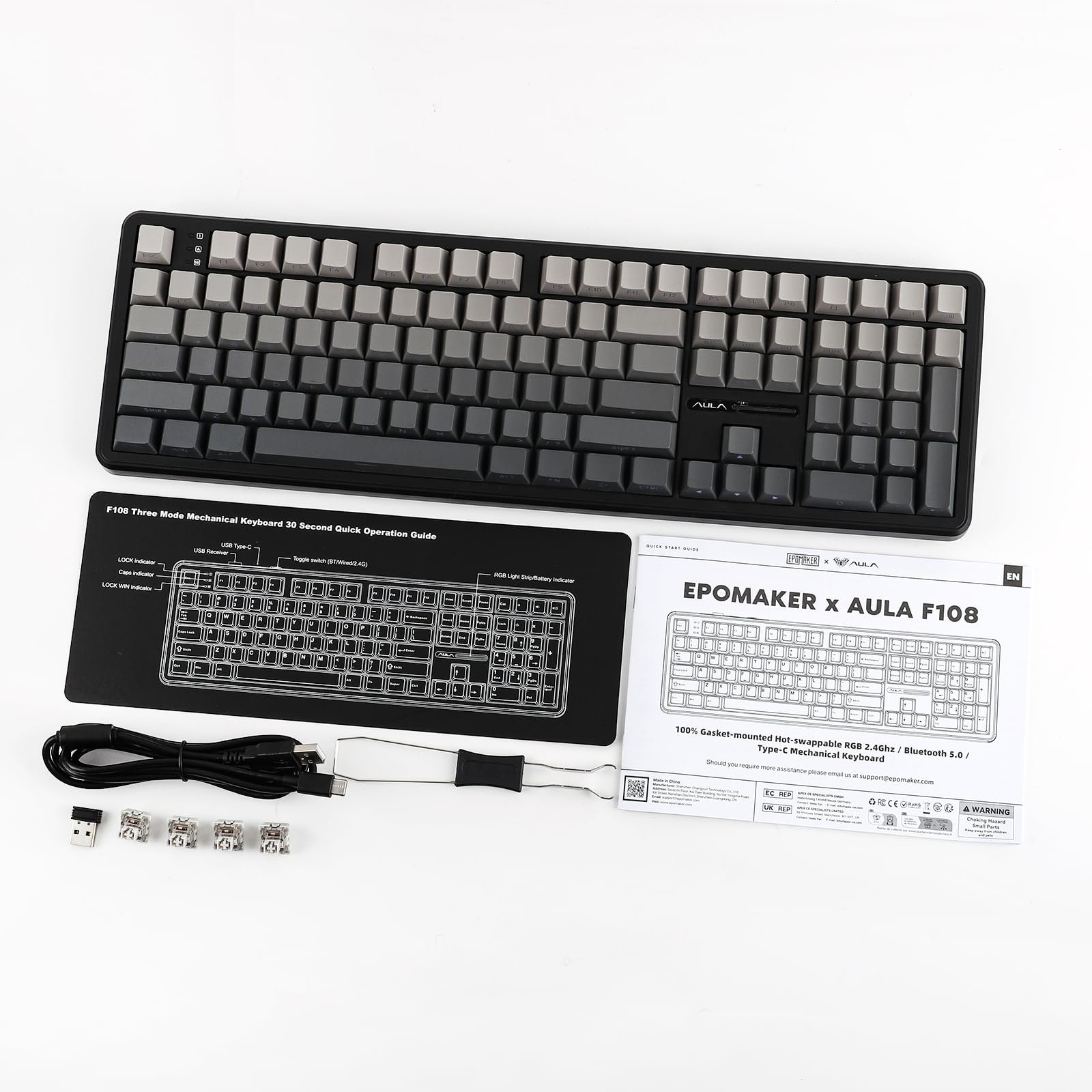MechLands Aula F108 Tastiera da Gioco Wireless al 100%, 4000mAh, Tastiera Meccanica Personalizzabile, 108 Tasti Programmabili, Sostituibili a Caldo, per Win/Mac (Sfumatura Nera)