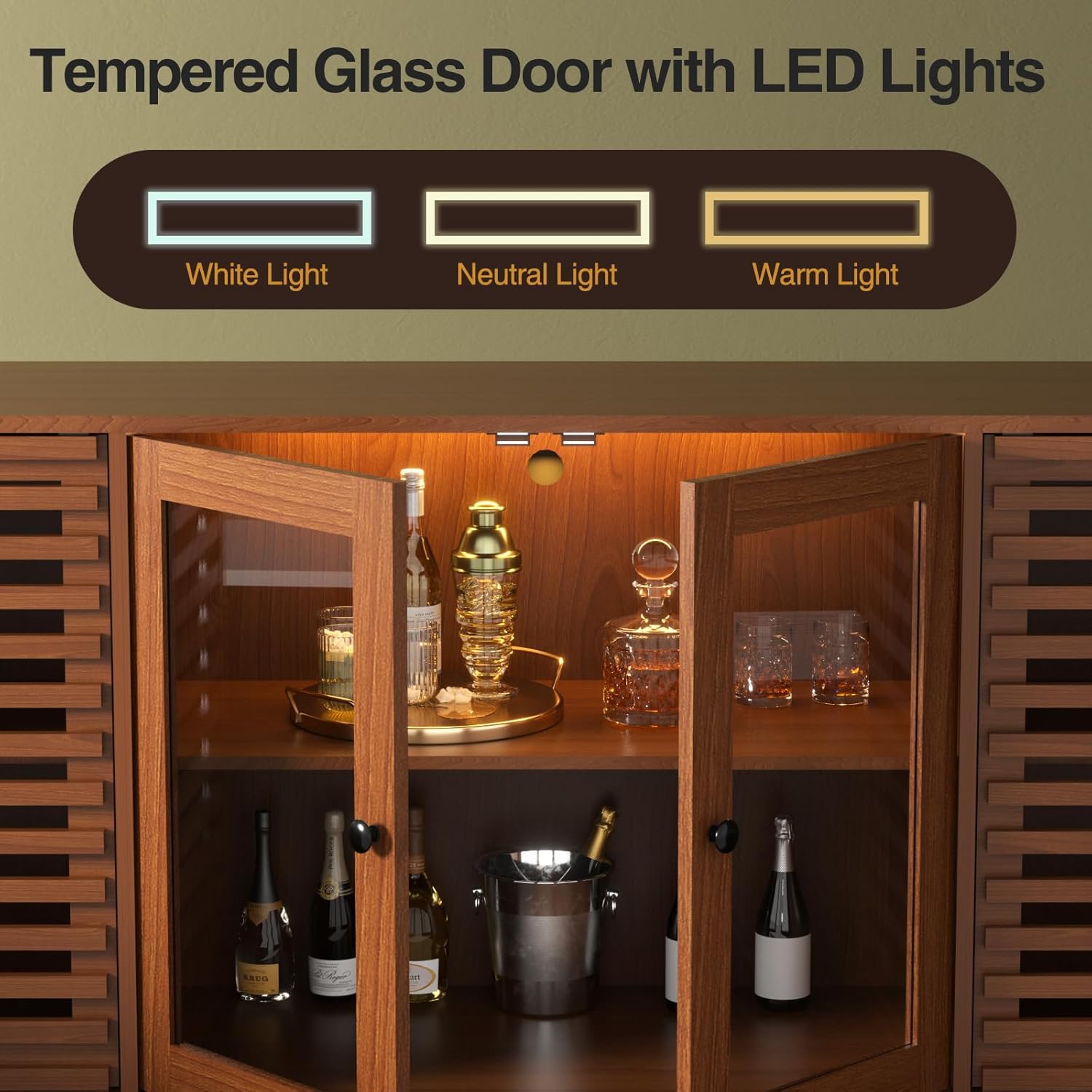 Close-up of the tempered glass doors of the cabinet with the internal LED lights illuminated, showing different light color temperatures: white, neutral, and warm.