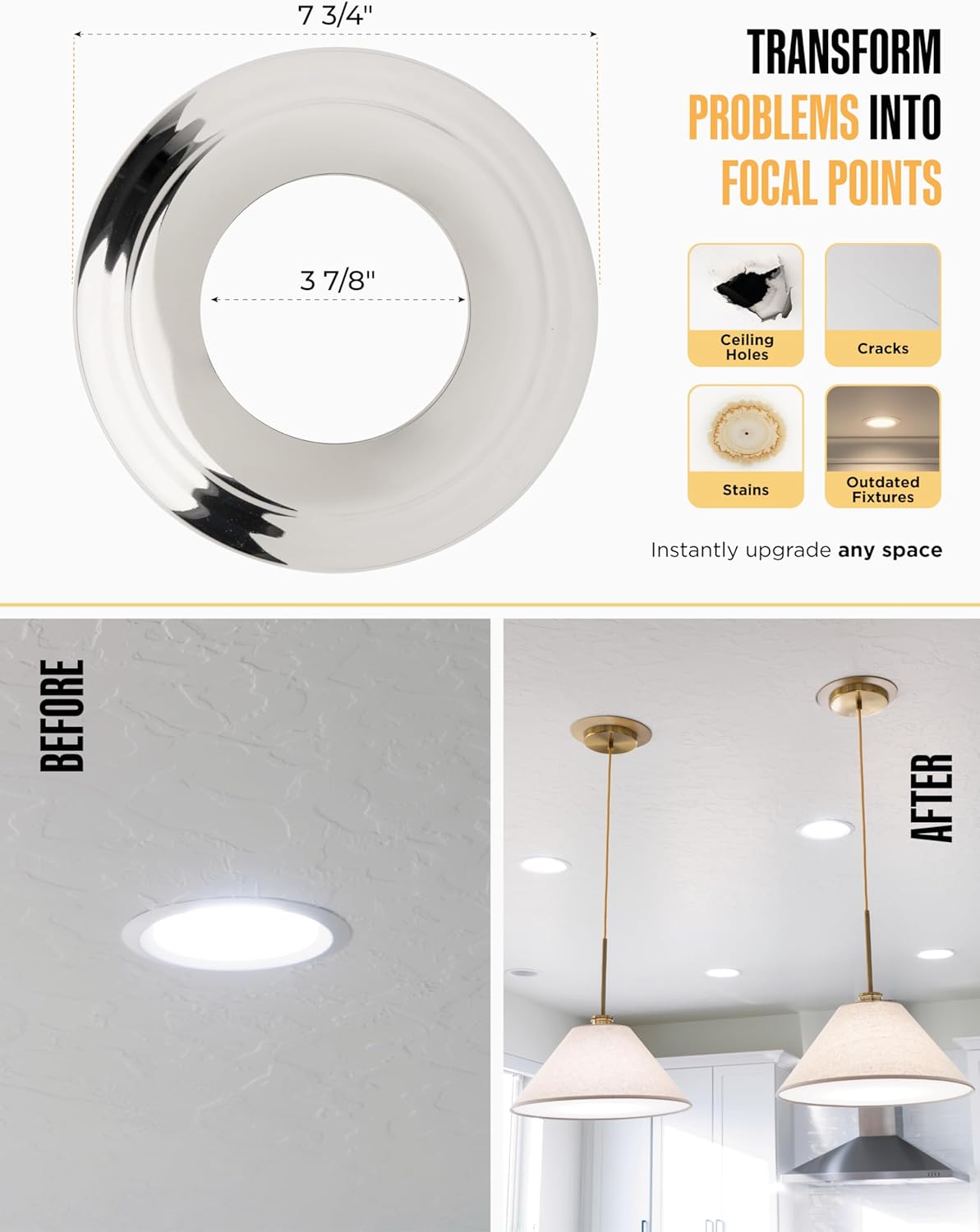 The Can Converter R56 Recessed Can Light Conversion Kit w/ 7"¾ Beveled Ceiling Medallion - Home Improvement for 5" & 6" Cans, Ceiling Fan & Light Fixture Converter Kit, UL Certified, Polished Chrome
