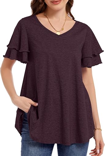 MONNURO Womens Plus Size Tops V-Neck Ruffle Short Sleeve Casual Blouse 2026 Trendy T-Shirt Loose Fit Womens Summer Tops