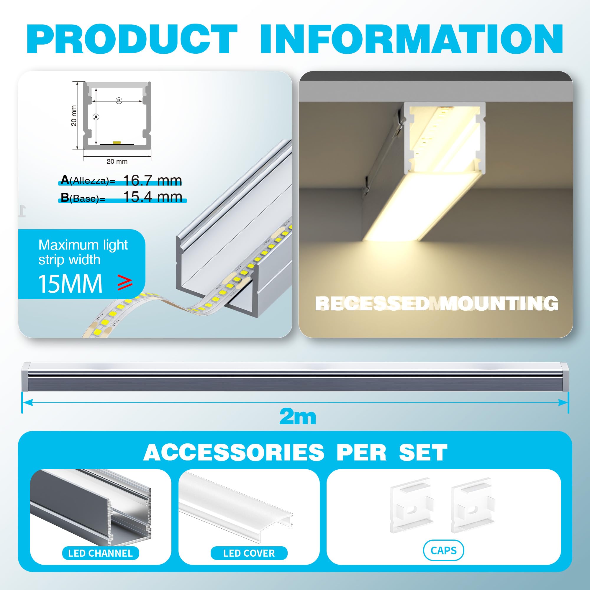12x Profilo Alluminio per Strisce LED 2M (20mt) - Canalina per Striscia LED con Copertura Opaca - Dimensioni L2000x20 x 20mm - Compatibile con Strisce LED fino a 15mm
