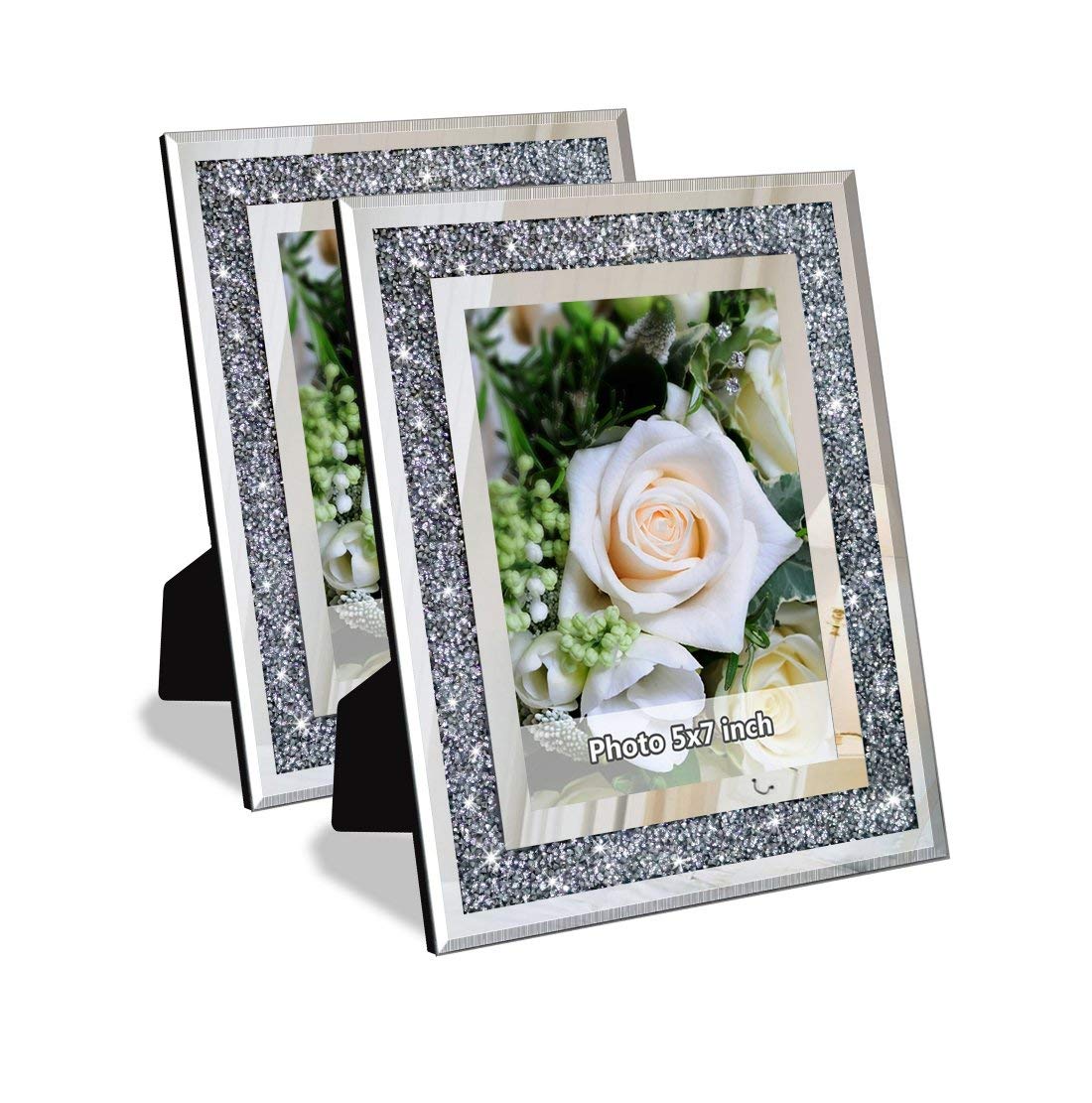 Crush Diamond Mirror Photo Frame In Bling Sparkle Crystal Silver Glass Finish, For Picture Size 5x7 inch, Pack of 2 Piece, table top Stand frame & Wall Frame