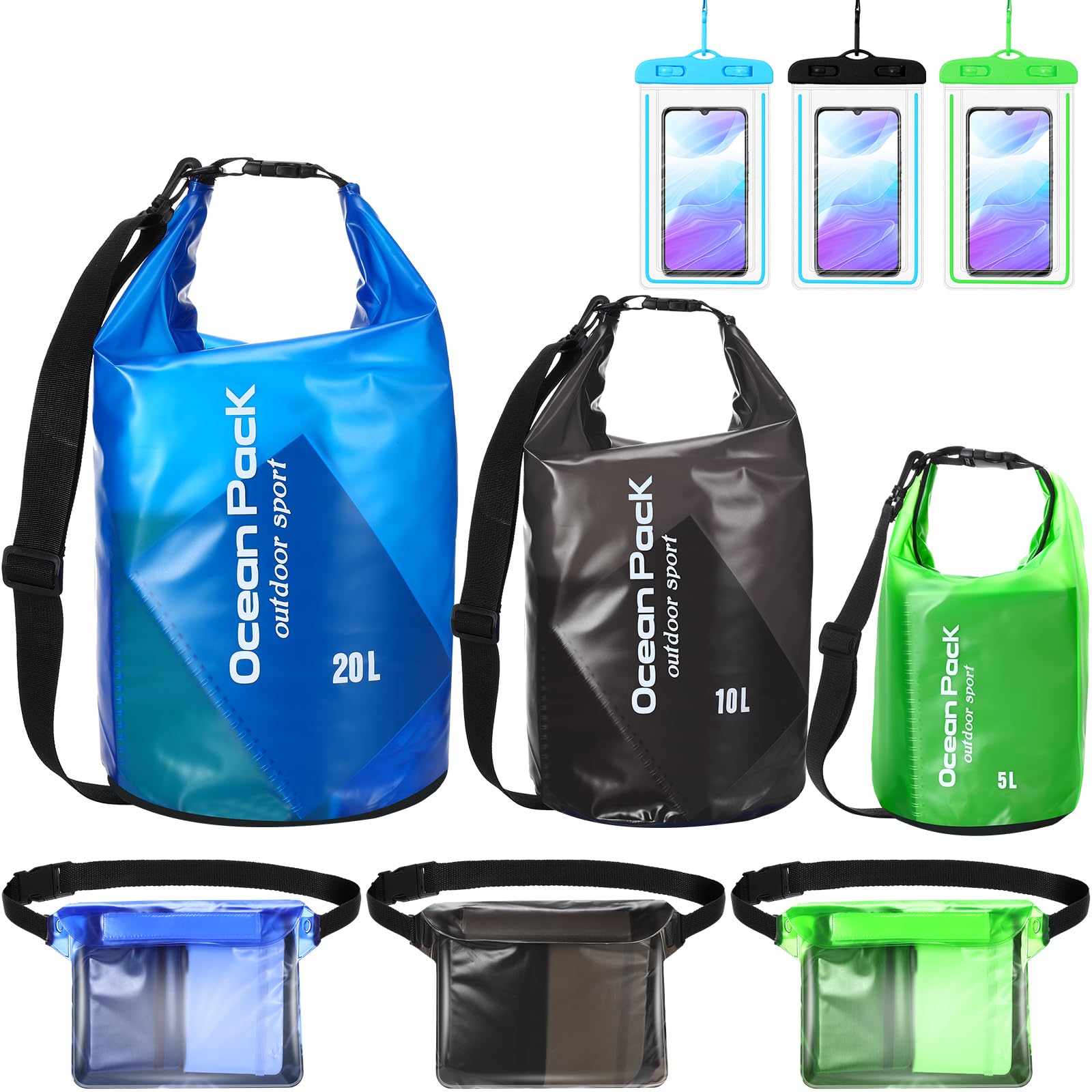 Tiangrid 9 Set Dry Bag Backpack Waterproof 5l/10l/20l Kayaking Dry Bags Keeps Gear Dry for Beach, Rafting, Boating, Hiking, Camping with Waterproof Phone Case and Waterproof Pouch