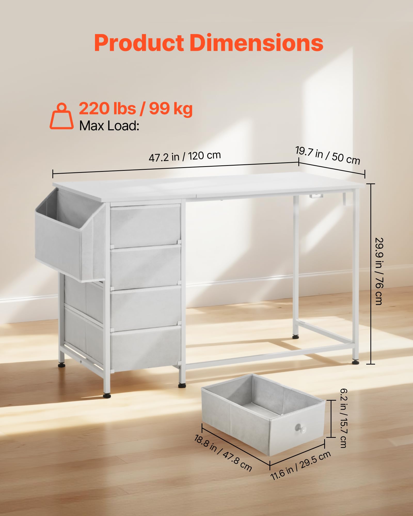 VEVOR Biurko komputerowe z szufladami z tkaniny, dwustronne 120 cm do nowoczesnego biura domowego sypialni, prosty nowoczesny stół PC z metalową ramą, biały