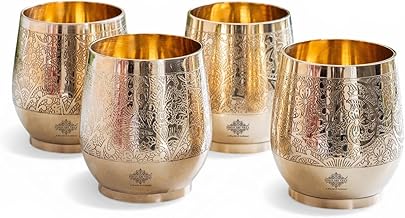 INDIAN ART VILLA Embossed Flower Design Brass Glass Tumbler, Drinking Glass for Water & Beverages, Traditional Drinkware for Home & Festive Use, 300 ML, Set of 4